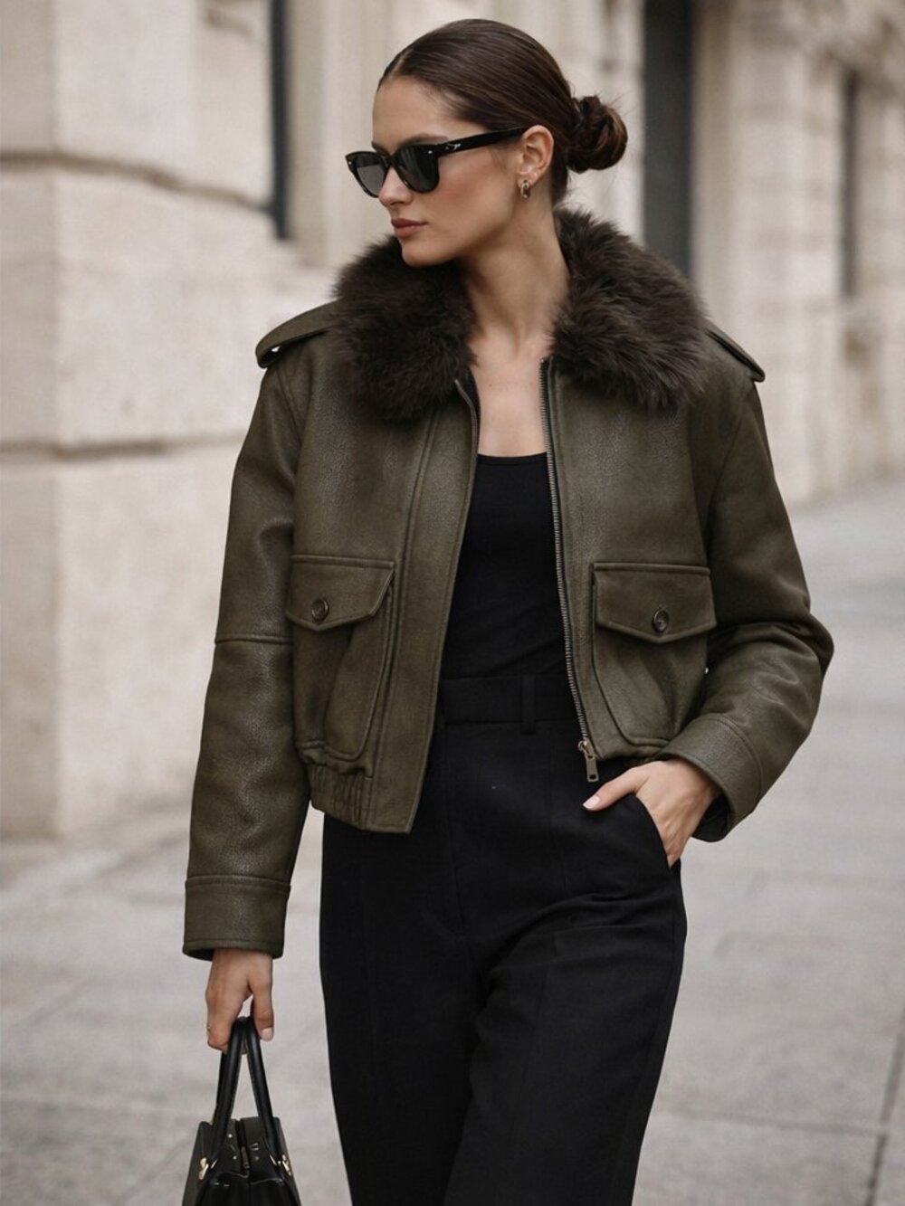 Zara Olive Bomber Jacket with Removable Fur Collar XS Trendy Leather Coat